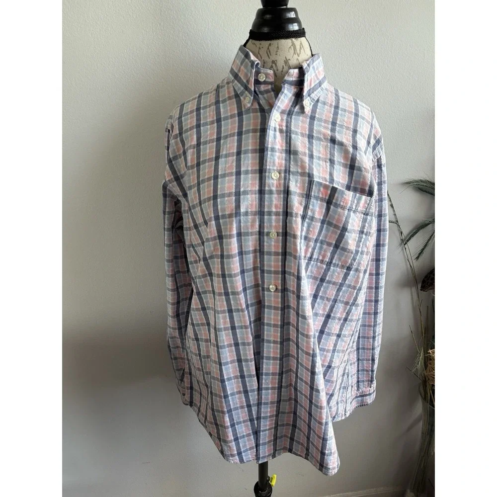 Brooks Brothers Shirt Men Large Blue Pink Regent Cotton‎ Button Down Check Plaid